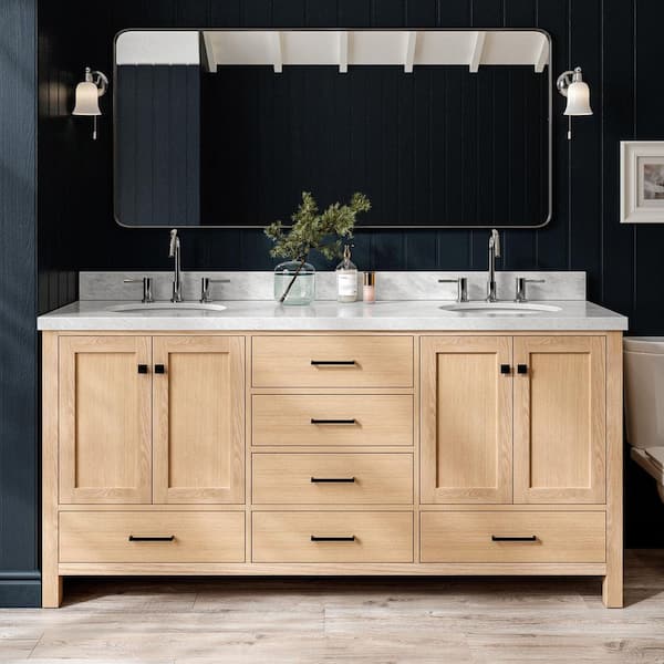 Cambridge 72 in. Double Sink Freestanding Bathroom Vanity in Oak with Carrara White Marble Top