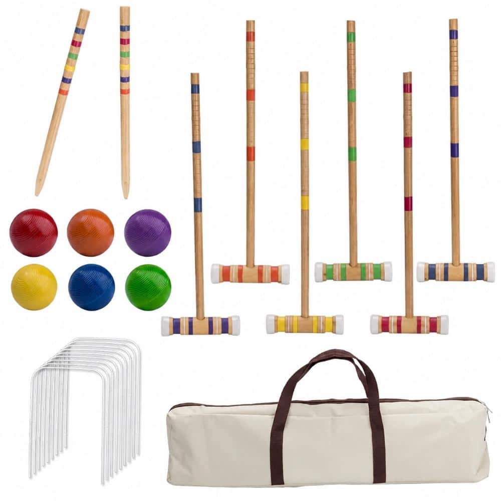 6-Player Hardwood Croquet Game Set with Resin Balls, Steel Wickets and Carrying Bag Tetherboard