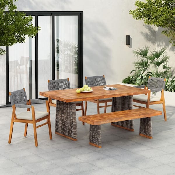 Solari Bohemia Teak Finish 6-Piece Wood and Rope and Wicker Woven Outdoor Dining Set with Beige Cushion, Bench, Grey