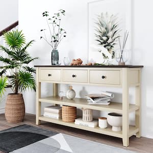 Retro and Modern Design 50 in. Beige and Espresso Rectangle Pine Console Table with 3 Top Drawers and 2 Open Shelves