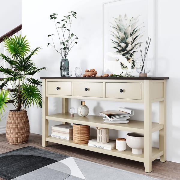 Harper & Bright Designs Retro and Modern Design 50 in. Beige and Espresso Rectangle Pine Console Table with 3 Top Drawers and 2 Open Shelves