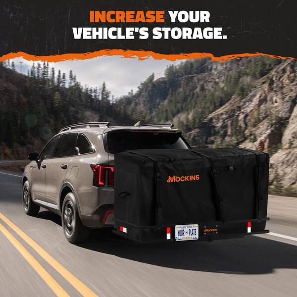 Mockins 500 lbs. Capacity XL Hitch Mount Cargo Carrier Set - Folding Shank and 2 in. Raise, Cargo Bag, Net, Straps, Locks - Blue