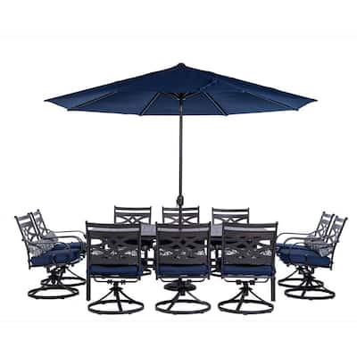 Montclair 11-Piece Steel Outdoor Dining Set with Navy Blue Cushions, 10 Swivel Rockers, 60x84 in. Table and Umbrella