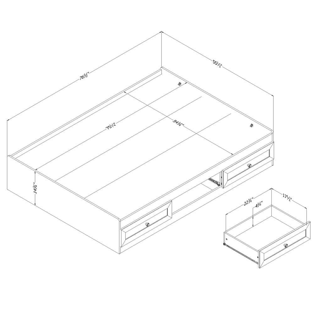Full White Wood Platform Bed with 3 Storage Drawers