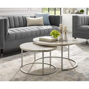 Marley 2-Piece 31 in. Silver/Gray Medium Round Stone Coffee Table Set with Nesting Tables