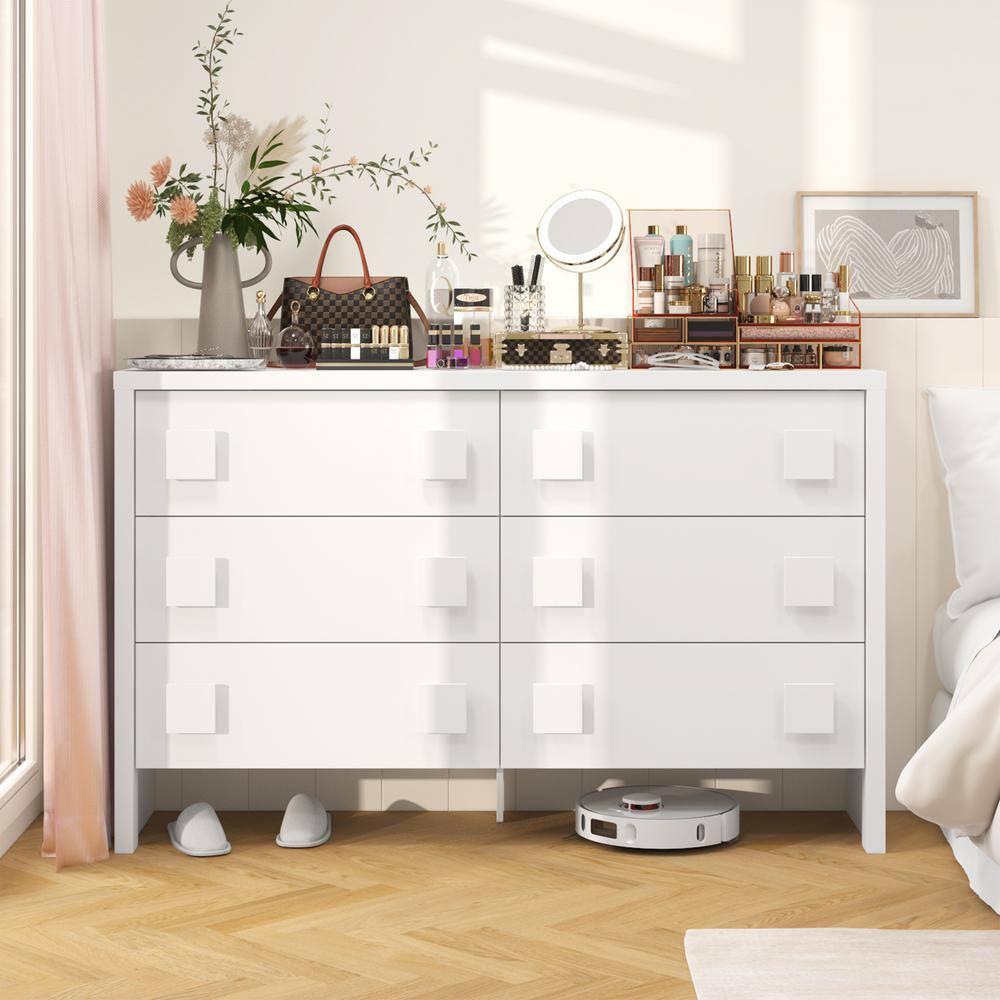 White 6-Drawer 63 in. Width Wooden Dresser without Mirror, Chest of Drawers with Square Handles Design