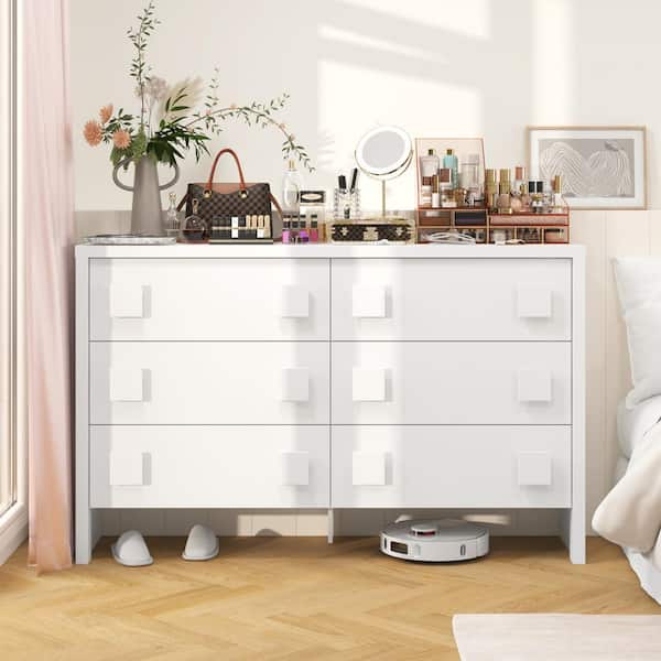FUFU&GAGA White 6-Drawer 63 in. Width Wooden Dresser without Mirror, Chest of Drawers with Square Handles Design