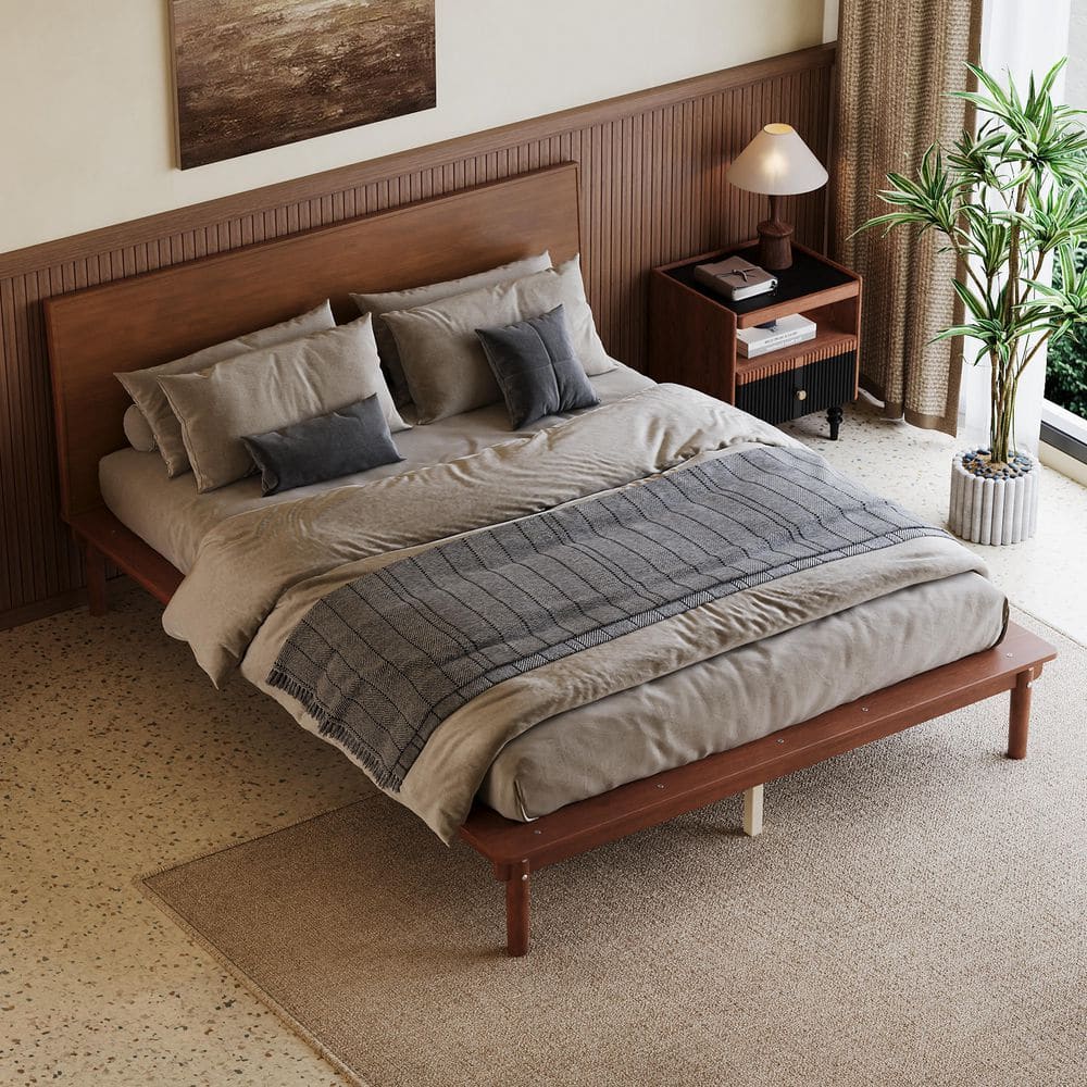 Walnut Brown Wood Frame Queen Size Platform Bed with Headboard, Widened Side Rails