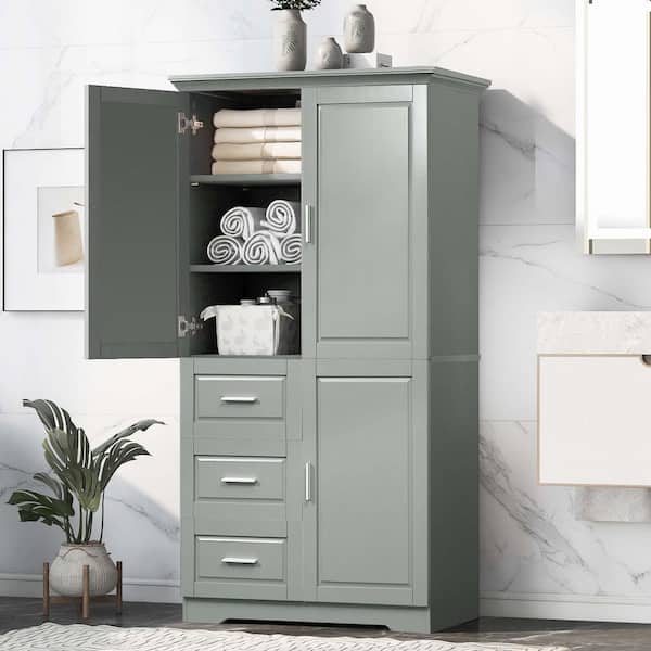 33 in. W x 20 in. D x 62 in. H Gray Wooden Freestanding Storage Cabinet, Linen Cabinet with 3-Drawers, Bathroom/Office