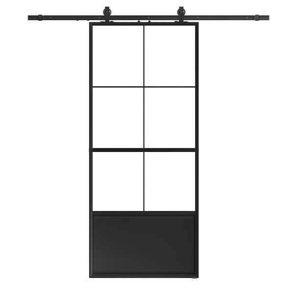SOCBAZZAR 32 in. x 84 in. 3/4-Lite Tempered Clear Glass Black Steel Frame Sliding Barn Door with Hardware Kit and Soft Close