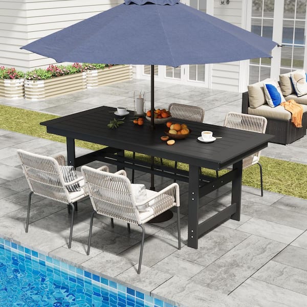 71 in. Outdoor Patio Dining Table Umbrella Hole HDPE Rectangle Table Standard Height in Black for Lawn Garden Backyard