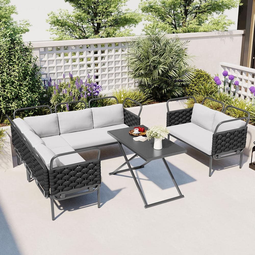 Black 5-Piece Wicker Outdoor Sectional Set with Glass Table Grey Cushions -  Cesicia, TSS19