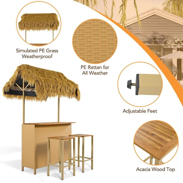 3-Piece Hawaiian-style Wicker Outdoor Serving Bar Set with
