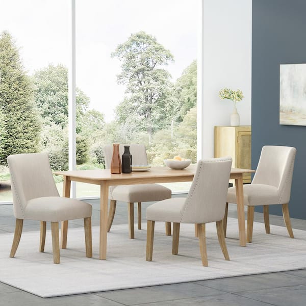 CHRISTOPHER KNIGHT HOME Vaughn Beige and Natural Fabric Upholstered Dining Chairs with Solid Wood Legs (Set of 4)