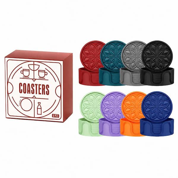 Anqtovp Black Silicone Coasters Set with Holder 6 Pack Anti-Slip