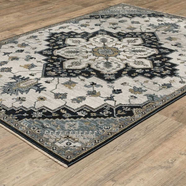 Key Blue/Gray 8 ft. x 11 ft. Oriental Medallion Polyester Fringed-Edge Indoor Area Rug