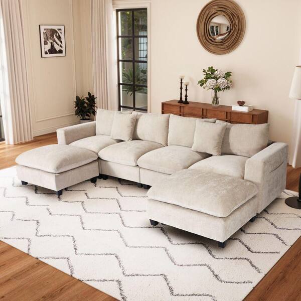 Lucca 128 in. Square Arm 6-Piece Plush Chenille Modular Sectional Sofa Ottoman Set with USB Charge Port in Taupe