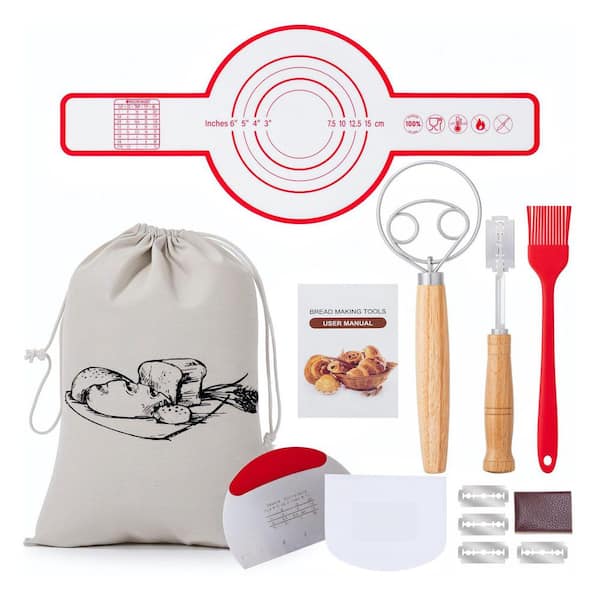 9-Piece Stainless Steel Bread Baking Tools Set w/ Danish Dough Whisk, Bread Lame, Silic1 Sling, Linen Bag