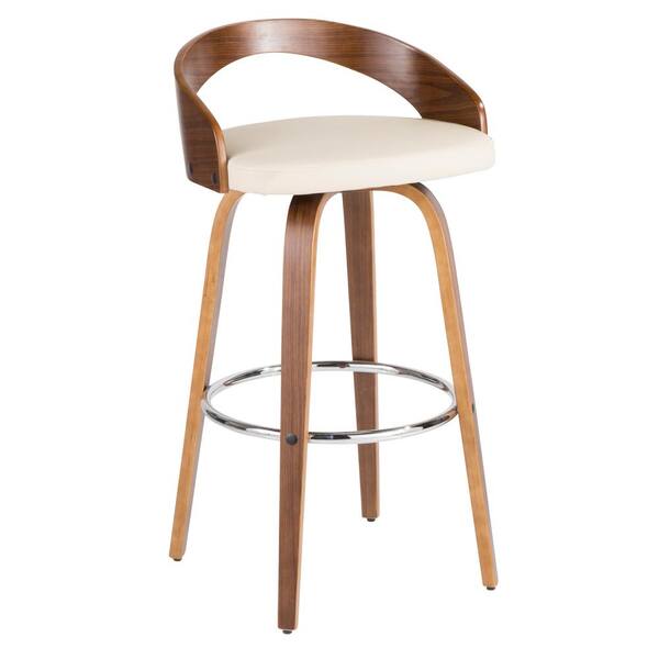 Lumisource Grotto 30 in. Walnut Wood and Cream Faux Leather Bar Stool