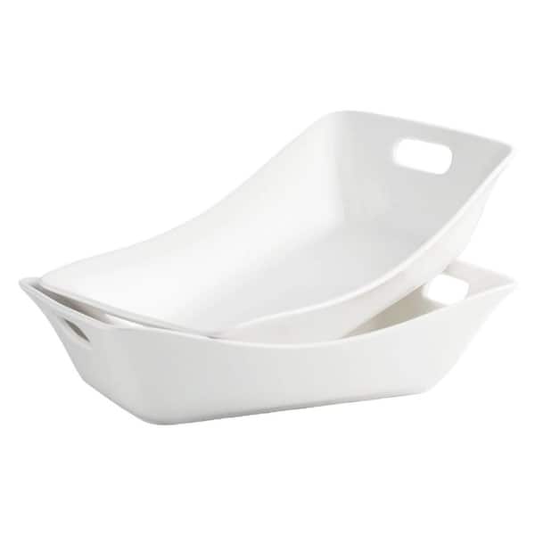 2 Pack White 12.7 in. 48 fl. oz. Large Rectangle Serving Bowls with Handles Serving Dishes for Entertaining