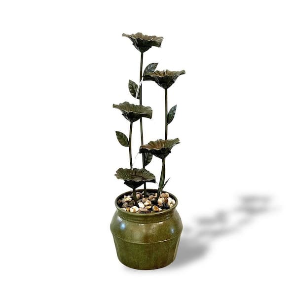 34.3 in. H Zinc Metal Tiered Flower Fountain with River Stones - Indoor and Outdoor Water Feature