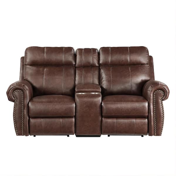 Lazzara Stader 74.5 in. W Brown Faux Leather Power Double Reclining Loveseat with Center Console