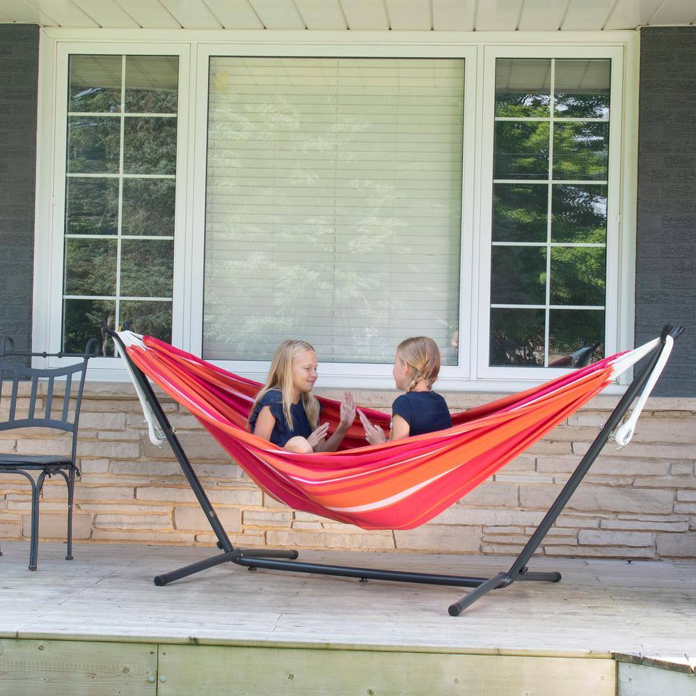 Vivere 9ft Red and Orange Cotton Double Hammock with Steel Stand