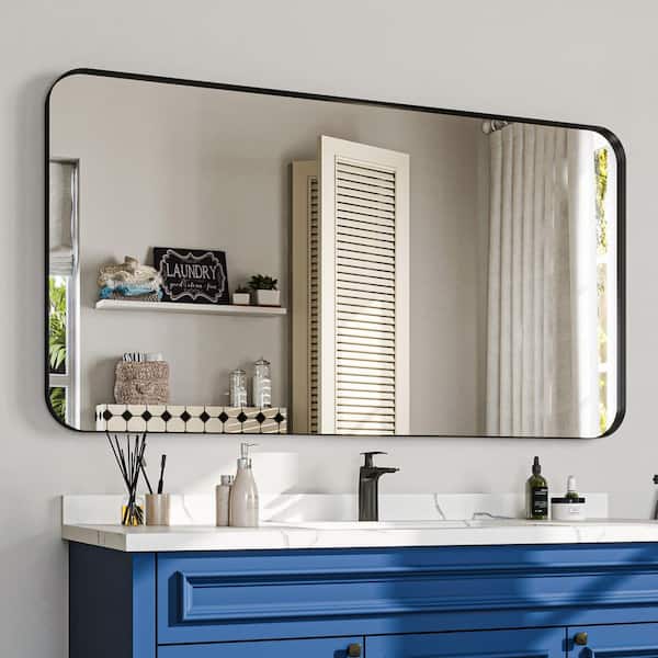 55 in. W x 30 in. H Rectangular Aluminum Framed Wall Bathroom Vanity Mirror in Black