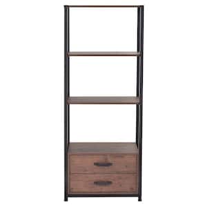 23.60 in. Wide Brown Home Office 4-Tier Industrial Bookcase with 4 Open Storage Shelves and 2 Drawers