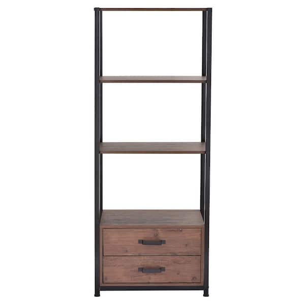 Polibi 23.60 in. Wide Brown Home Office 4-Tier Industrial Bookcase with 4 Open Storage Shelves and 2 Drawers