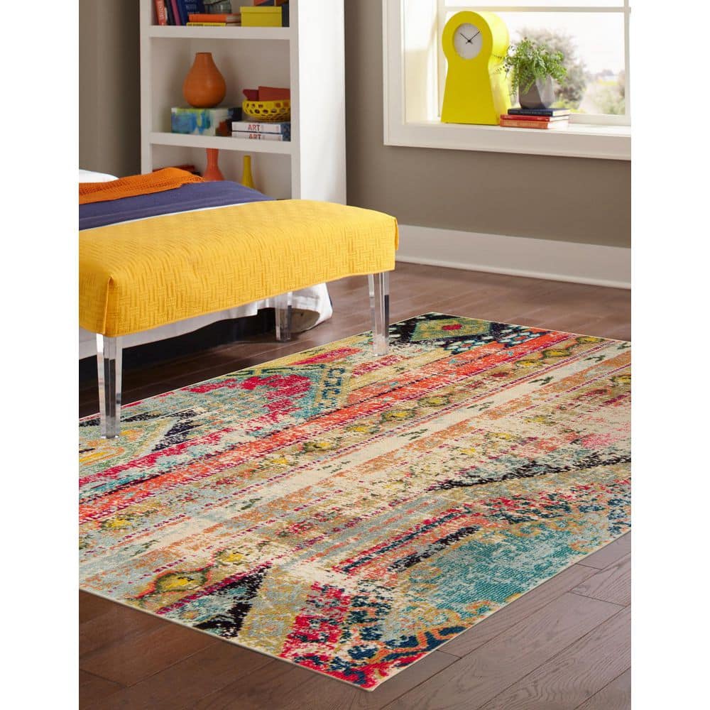 Colorful Multi-Pattern Low Pile Rectangular Area Rug
