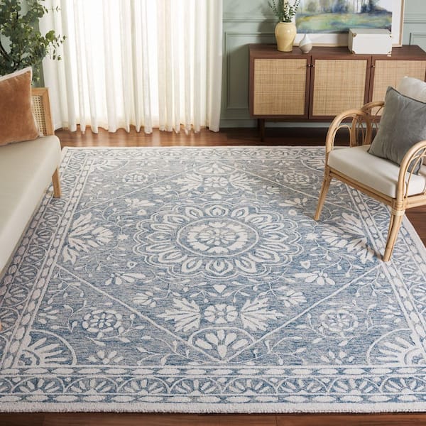 Metro 8 ft. x 10 ft. Blue/Ivory Ornate Border Medallion Area Rug