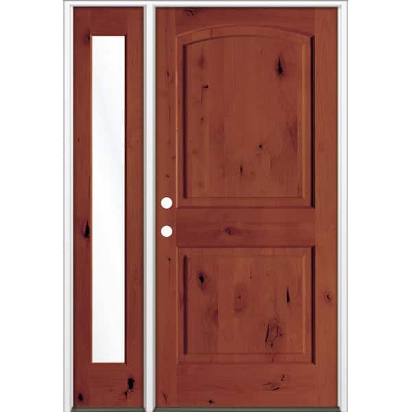 46 in. x 80 in. Knotty Alder 2 Panel Arch-Top Right-Hand/Inswing Clear Glass Amaretto Stain Wood Prehung Front Door LFSL