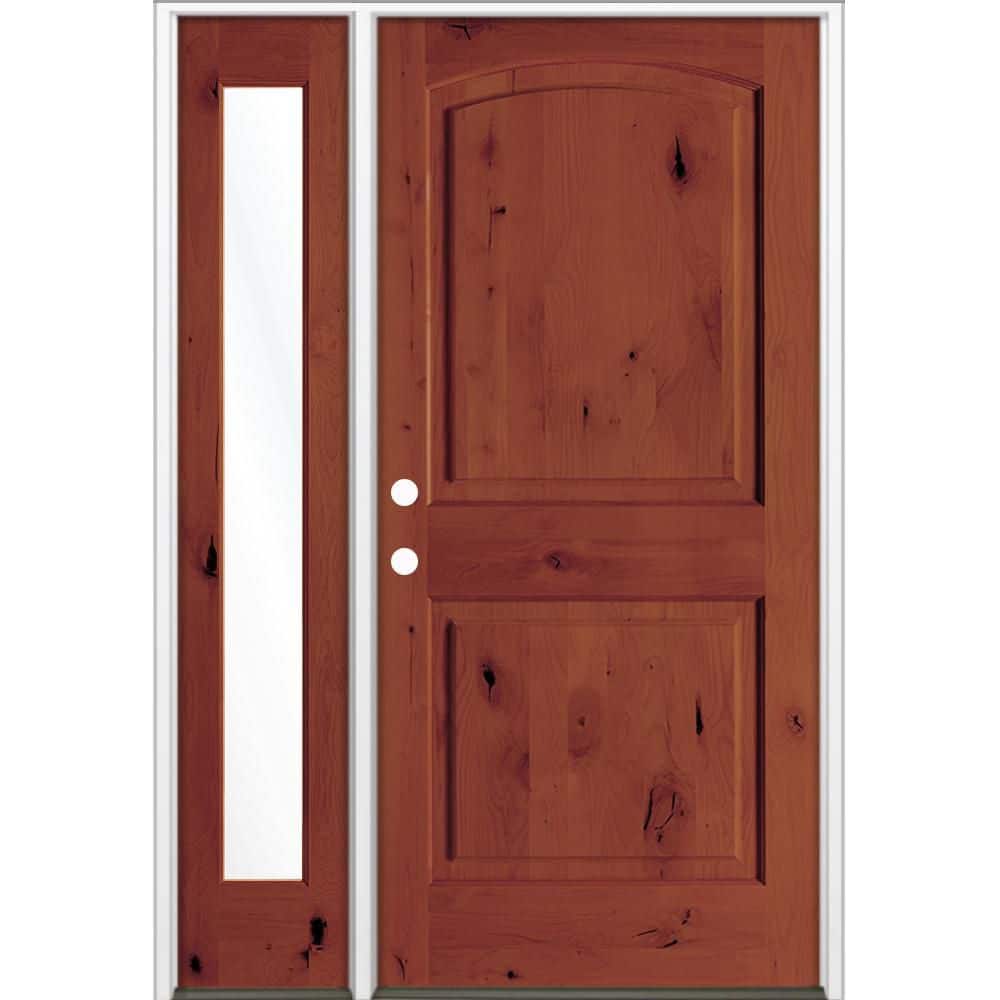 50 in. x 96 in. Knotty Alder 2 Panel Arch-Top Right-Hand/Inswing Clear Glass Amaretto Stain Wood Prehung Front Door LFSL price history on PriceWatchPro