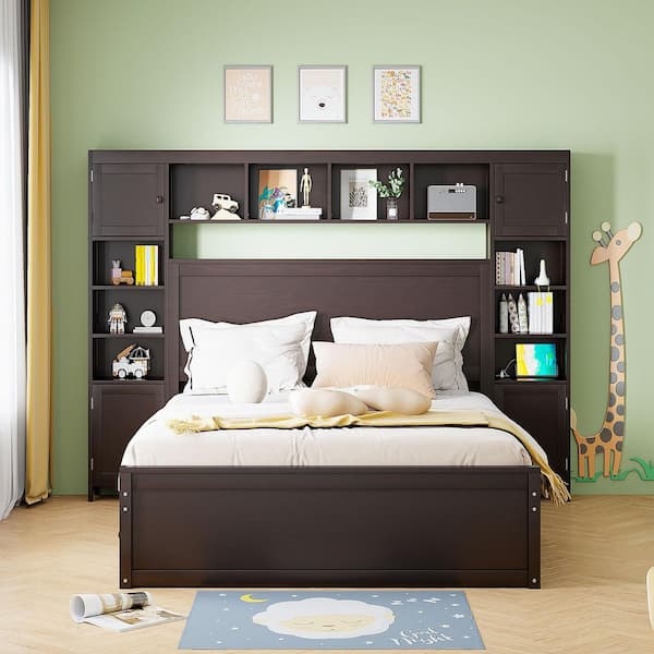 Espresso/Brown Pine Wood Frame Queen Platform Bed with All-in-One Cabinet, Shelf and Sockets and Twin XL Trundle
