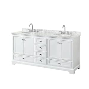 Deborah 72 in. Double Bathroom Vanity in White with Marble Vanity Top in White Carrara with White Basins