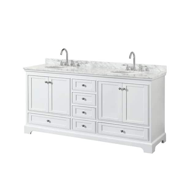 Wyndham Collection Deborah 72 in. Double Bathroom Vanity in White with Marble Vanity Top in White Carrara with White Basins