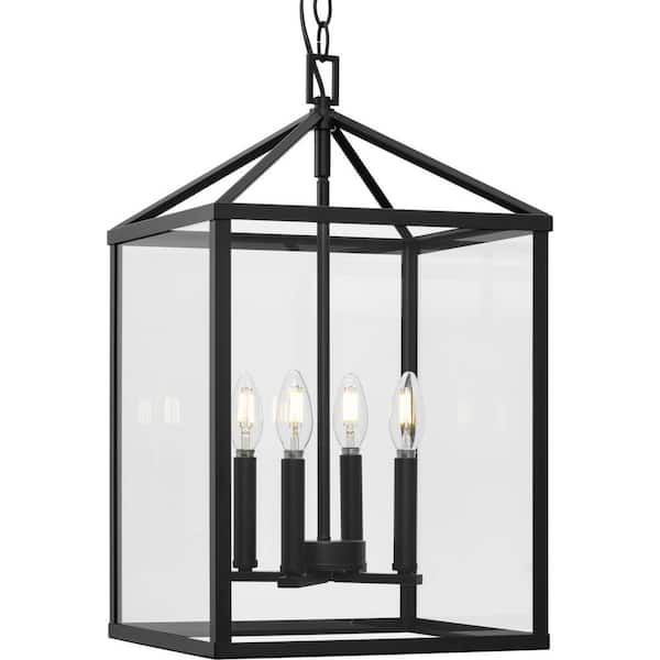 Progress Lighting Hillcrest 4-Light 13 in. Matte Black Modern Farmhouse Foyer Light for Halls