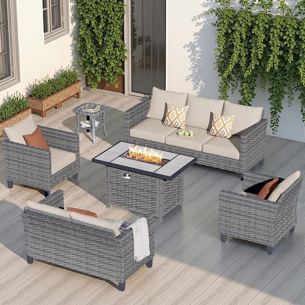 OVIOS New Star Gray 6-Piece Wicker Patio Rectangle Fire Pit Conversation Seating Set with Beige Cushions