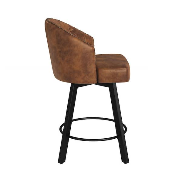 26 in. Brown Faux Leather Metal Frame Upholstered Counter Height Swivel Bar Stools With Bronze Rivets Set of 3