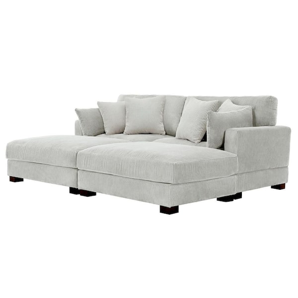 Uixe 88 in. W Modern Square Arm Corduroy Upholstered Sectional Sofa in Sea Salt Gray with 4-Square Pillows
