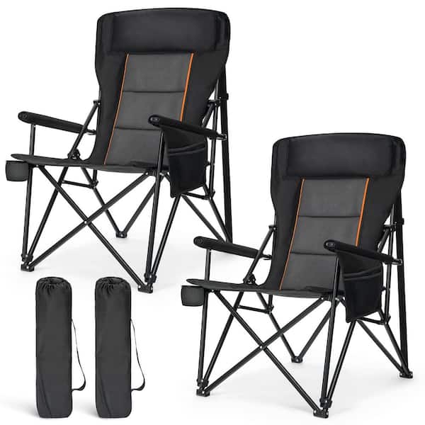 Oversize Folding Camping Chair with High Back Cup Holder Side Pocket in Black (2-Pack)