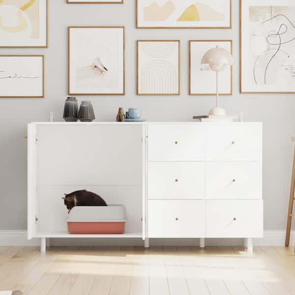 FUFU&GAGA 6-Drawer Cat Litter Box Enclosure,Cat Washroom Storage Bench Side Table Cat House,Wood Television Stand For Living Room