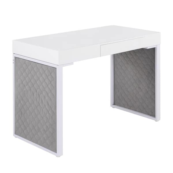 Lumisource Drift 43.25 in. Rectangular White Wood and White Steel 1-Drawer Writing Desk with Silver Velvet Upholstered Sides