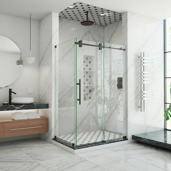 DreamLine Enigma-XO 44 3/8 - 48 3/8 in. W x 76 in. H Fully Frameless Sliding Shower Enclosure in Oil Rubbed Bronze Stainless Steel