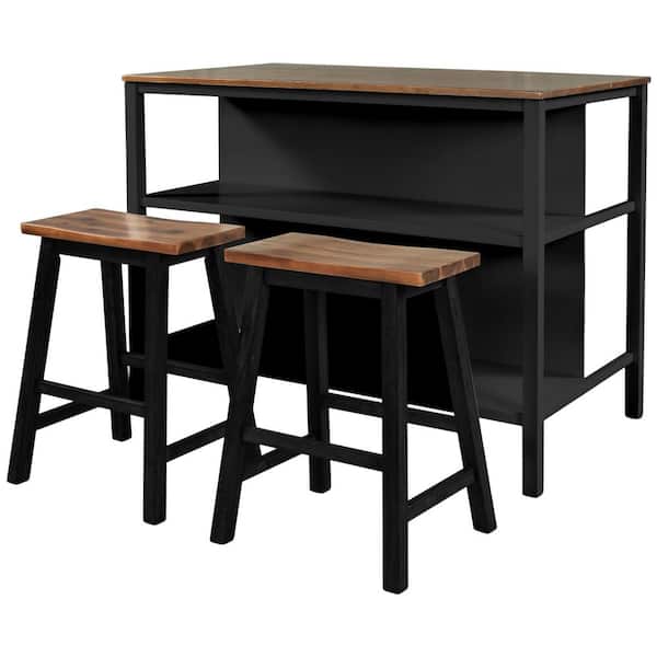 Black Solid Rubber Wood Top 45 in. Kitchen Island with 2 Dining Stools and Open Shelves