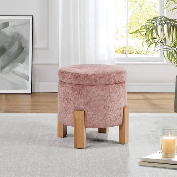 Annie Storage Ottoman in Rose Polyester Fabric with Natural Finish Legs