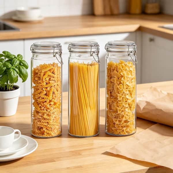 Esepony 68 oz. Glass Pasta Container for Spaghetti, Long Pasta, Vertical Pantry Organization, Linguine, and Breadsticks (3-Pack)