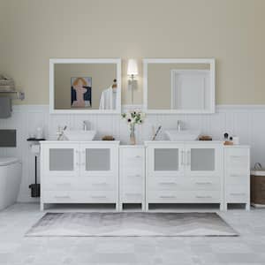 Ravenna 96 in. W Bathroom Vanity in White with Double Basin in White Engineered Marble Top and Mirrors