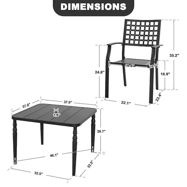 Black 5-Piece Metal Square Outdoor Dining Set with 4 Stackable Chairs and Umbrella Hole